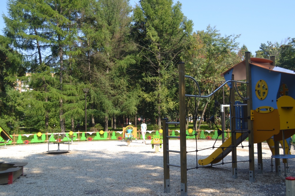 Детская площадка посреди хвойного леса.