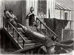 Гравюра «Век осетра». Типичную картину запечатлел французский художник Жан-Пьер Муане во время путешествия по Волге в 1864 году