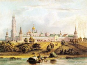 Картина XIX века. Симонов монастырь, художник Л. Бишбуа. Фото из акварельного альбома «Виды Москвы» 1846 года Картина XIX века. Симонов монастырь, художник Л. Бишбуа. Фото из акварельного альбома «Виды Москвы» 1846 года