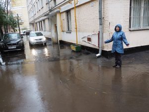 31 октября 2017 года. Жительница округа Елена Федина показывает лужу, «поселившуюся» во дворе дома № 19, корпус 1, по улице Лестева. Фото: Сергей Шахиджанян 31 октября 2017 года. Жительница округа Елена Федина показывает лужу, «поселившуюся» во дворе дома № 19, корпус 1, по улице Лестева. Фото: Сергей Шахиджанян