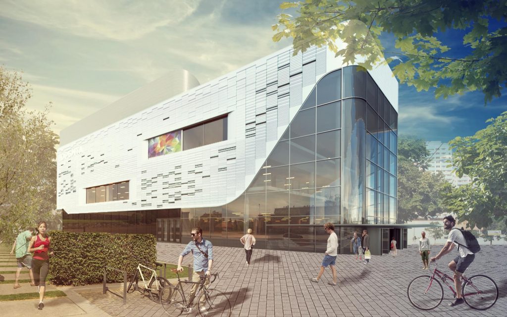 Визуализация проекта реконструкции кинотеатра «Орбита» с благоустроенной площадью вокруг здания. 