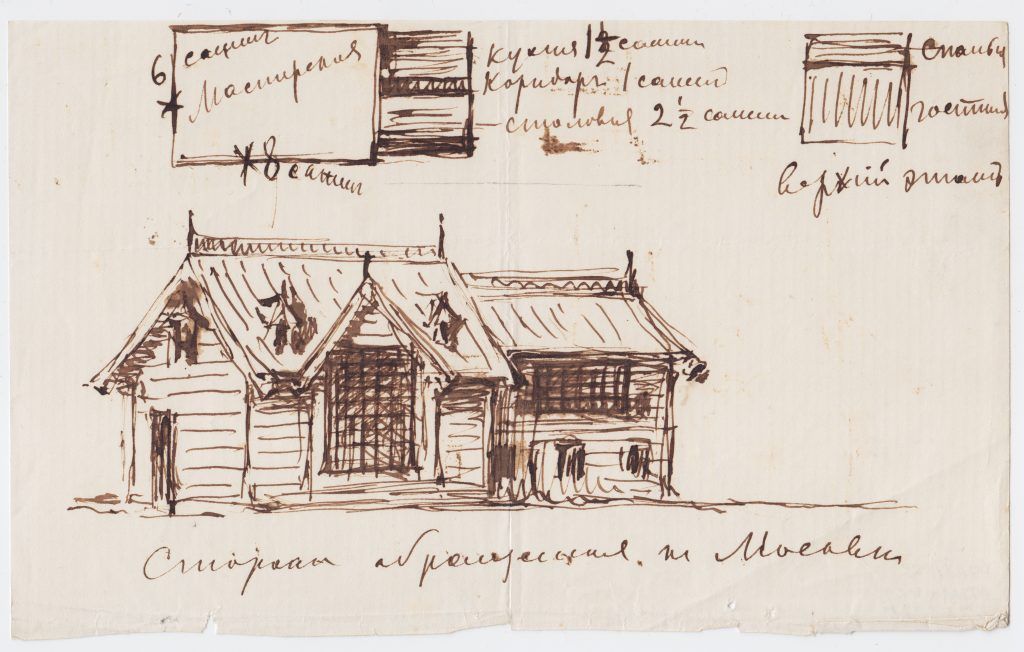 1889 год. Эскиз будущего дома, нарисованный Верещагиным, с подписью «Сторона, обращенная к Москве». Рисунок недавно обнаружен в Ростове исследователем Еленой Ким