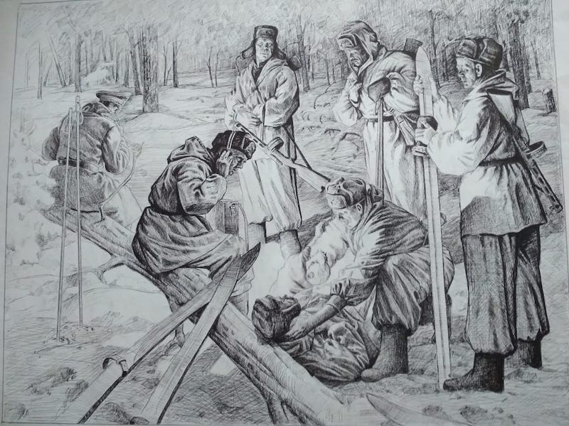  Рисунок Василия Федоровича, включенный в альманах «Поклонюсь я солдату...». Бойцы в маскхалатах смазывают лыжи на привале